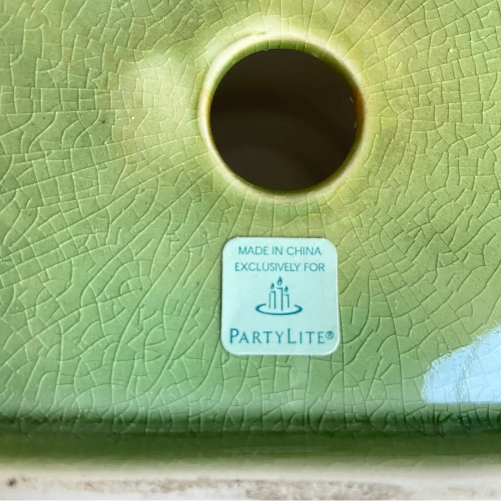 PartyLite Nature’s Garden pillar candle holder green glaze on ceramic P9183